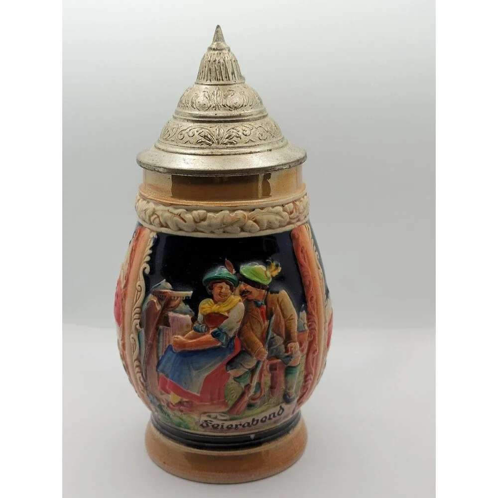 Vintage  West Germany Feierabend Pewter Lidded German Beer Stein